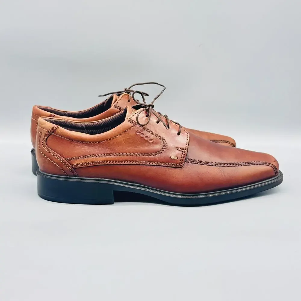 Ecco Shoes Mens 11.5 Brown Leather Helsinki Oxford Dress Square Moc Toe Lace Up